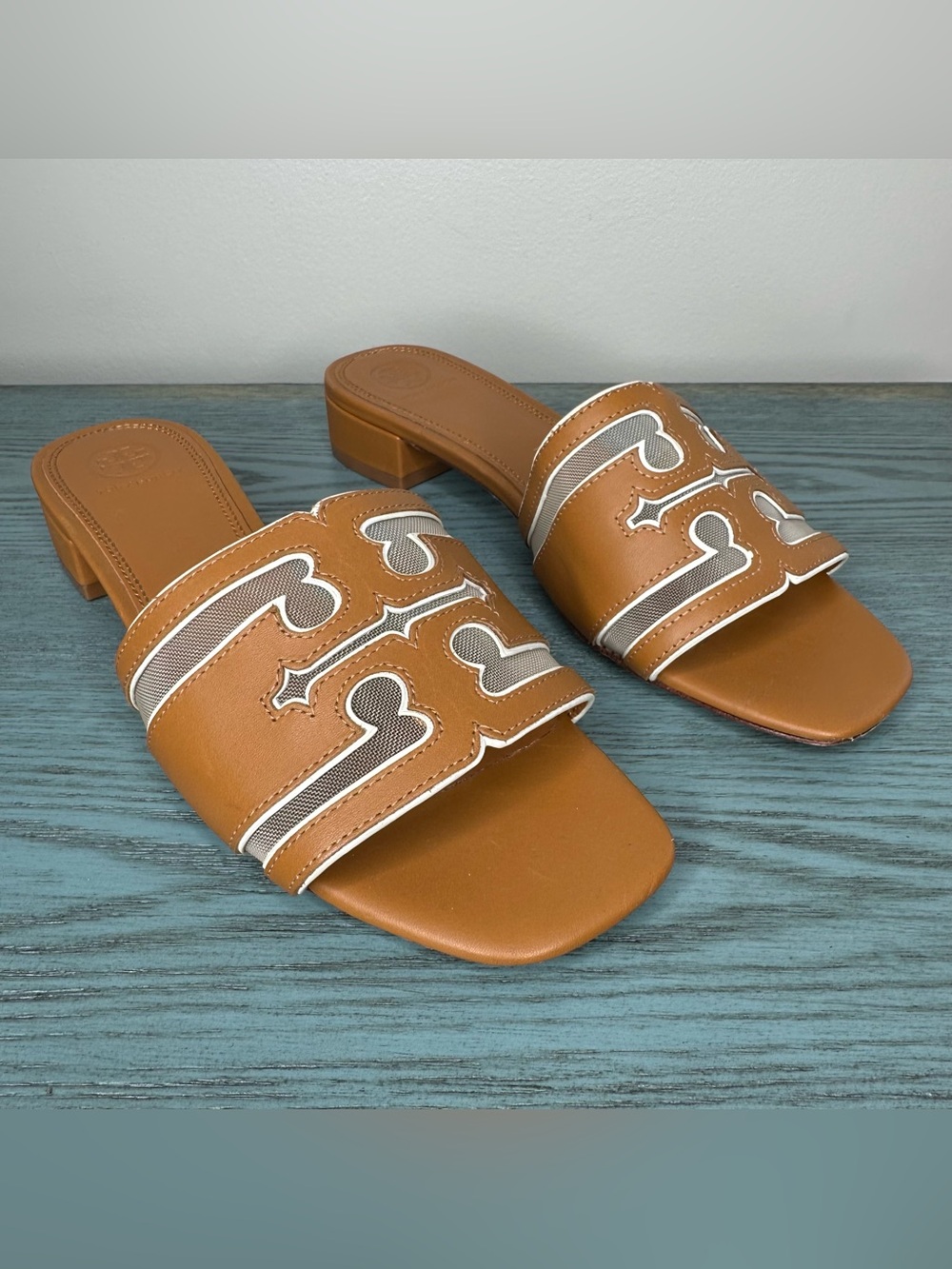 Tory Burch Leather Stitched Logo Slide Heeled Sandal Cognac Brown 9